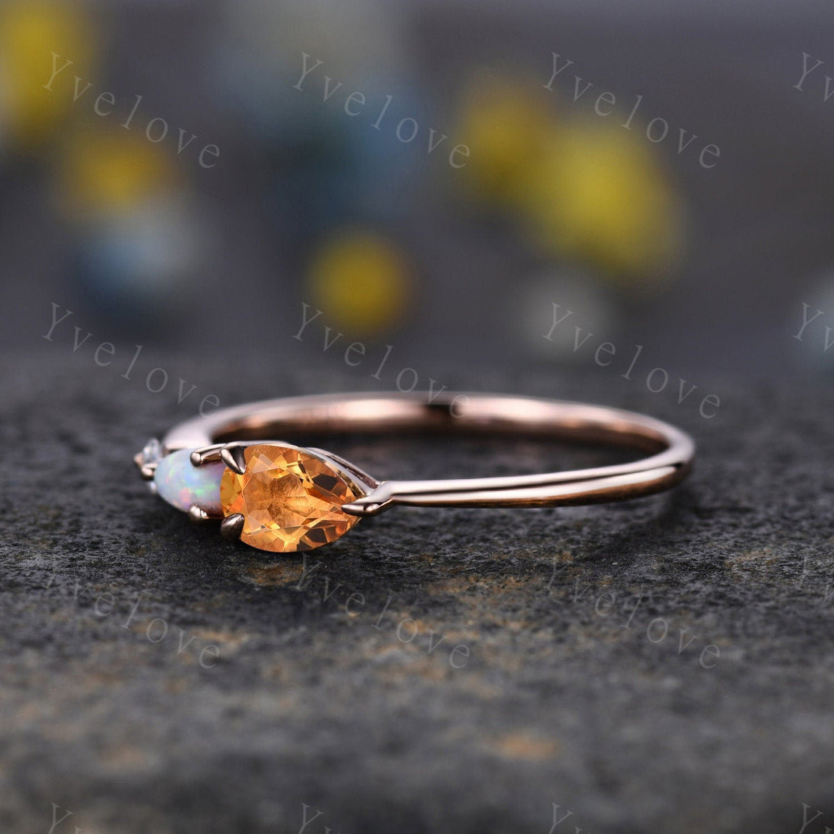 Vintage Yellow Citrine Opal Engagement Ring,Pear Cut Gems,Art Deco Moissanite Wedding Band,3 Stone Unique Women Bridal Promise Ring,Custom