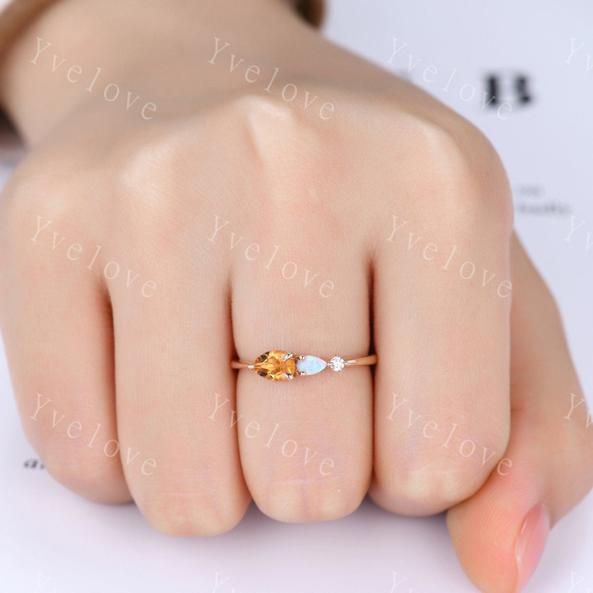 Vintage Yellow Citrine Opal Engagement Ring,Pear Cut Gems,Art Deco Moissanite Wedding Band,3 Stone Unique Women Bridal Promise Ring,Custom