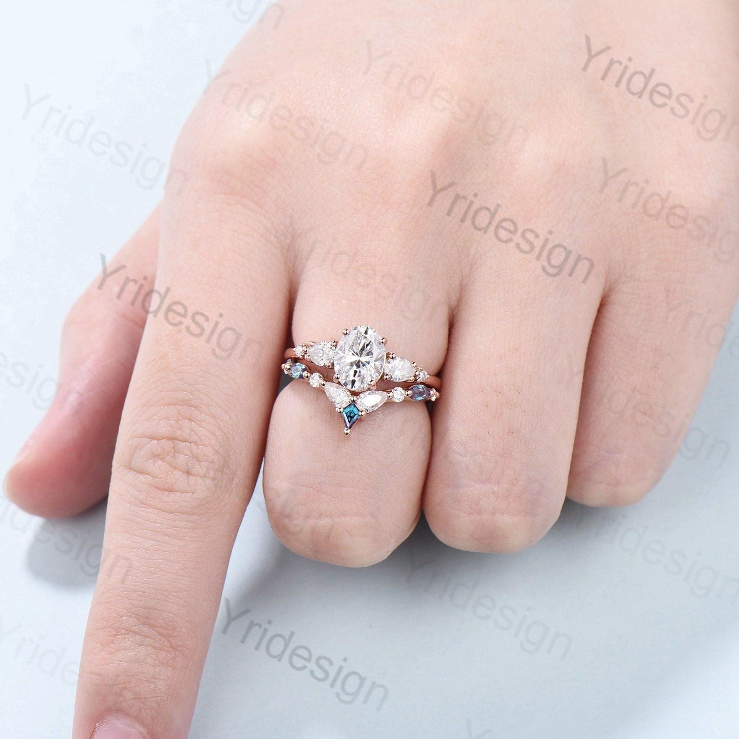 Vintage Oval Moissanite engagement ring set unique moissanite alexandrite wedding set crown art deco stacking band Bridal Promise ring Women
