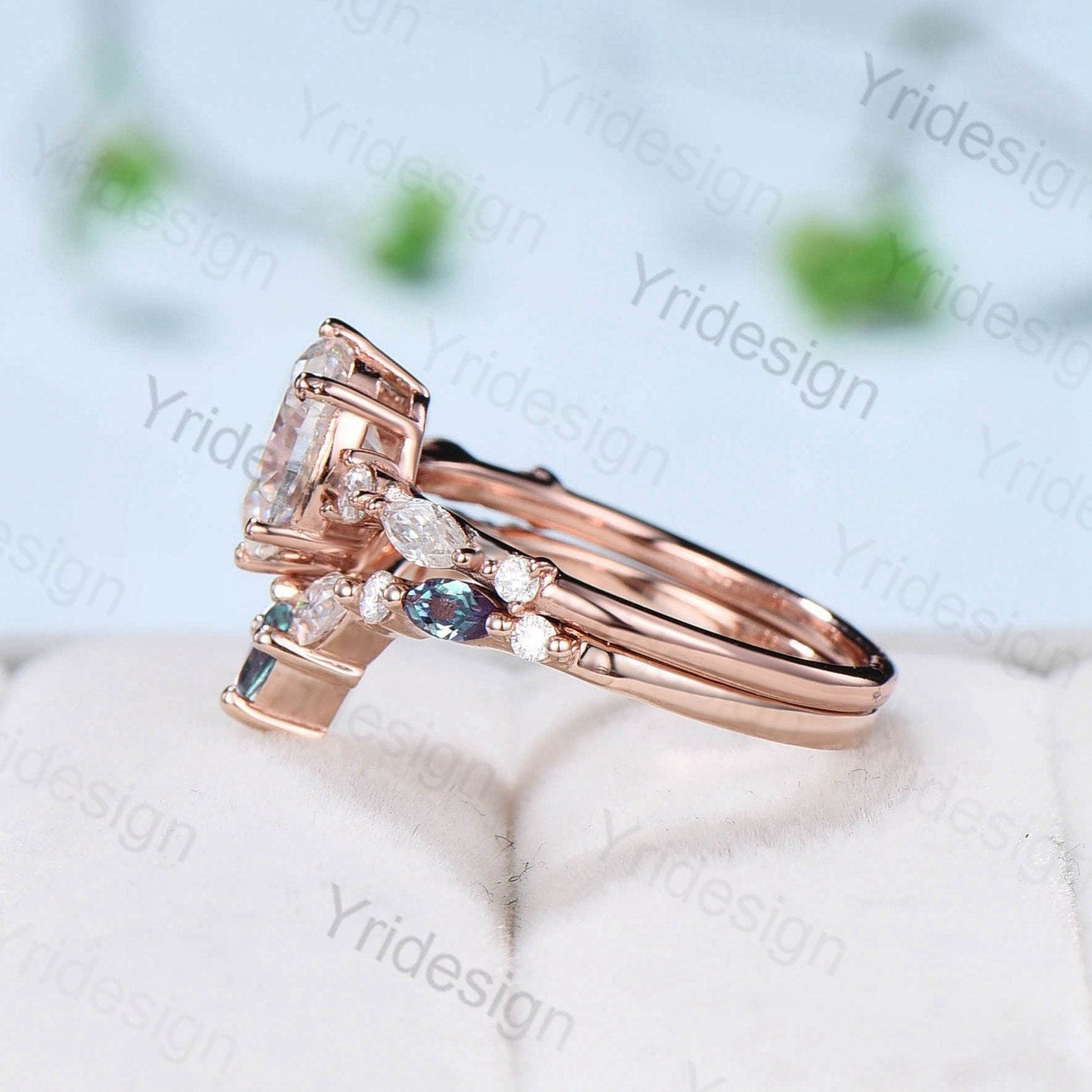 Vintage Oval Moissanite engagement ring set unique moissanite alexandrite wedding set crown art deco stacking band Bridal Promise ring Women