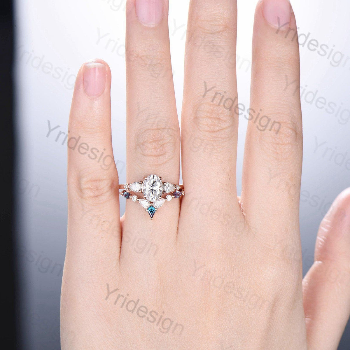 Vintage Oval Moissanite engagement ring set unique moissanite alexandrite wedding set crown art deco stacking band Bridal Promise ring Women