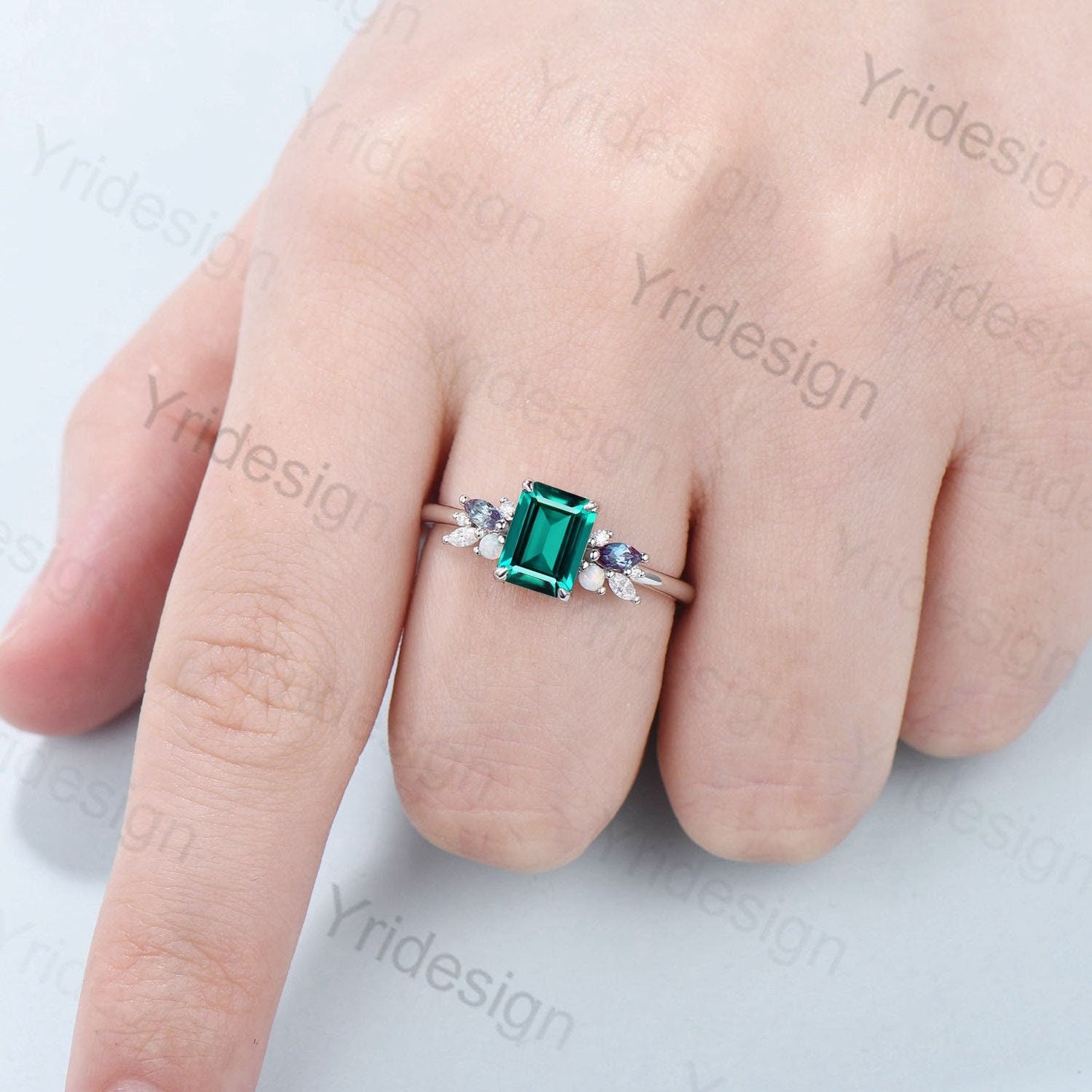 Vintage Emerald Cut Emerald Engagement Ring Rose Gold Alternative Alexandrite Opal Wedding Ring For Women Unique Cluster Promise Ring Gift