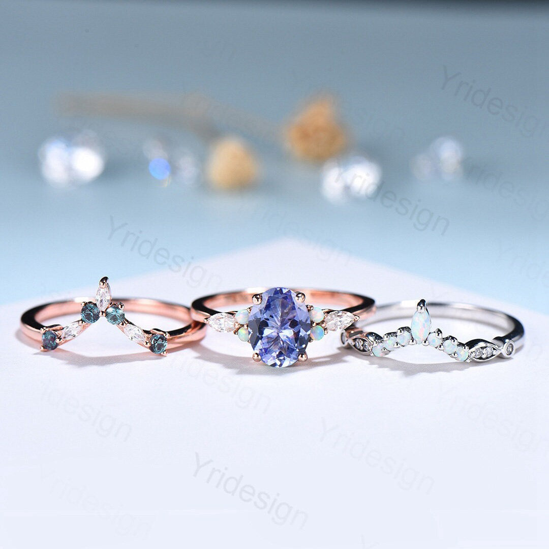 Vintage tanzanite engagement ring set | Unique rose gold wedding set | Art deco opal alexandrite stacking ring | bridal promise ring set