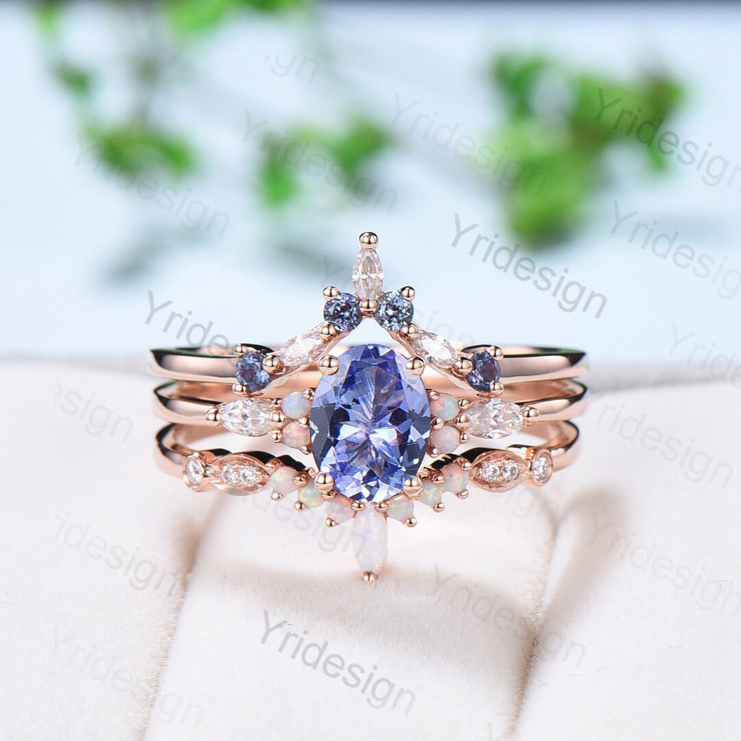 Vintage tanzanite engagement ring set | Unique rose gold wedding set | Art deco opal alexandrite stacking ring | bridal promise ring set