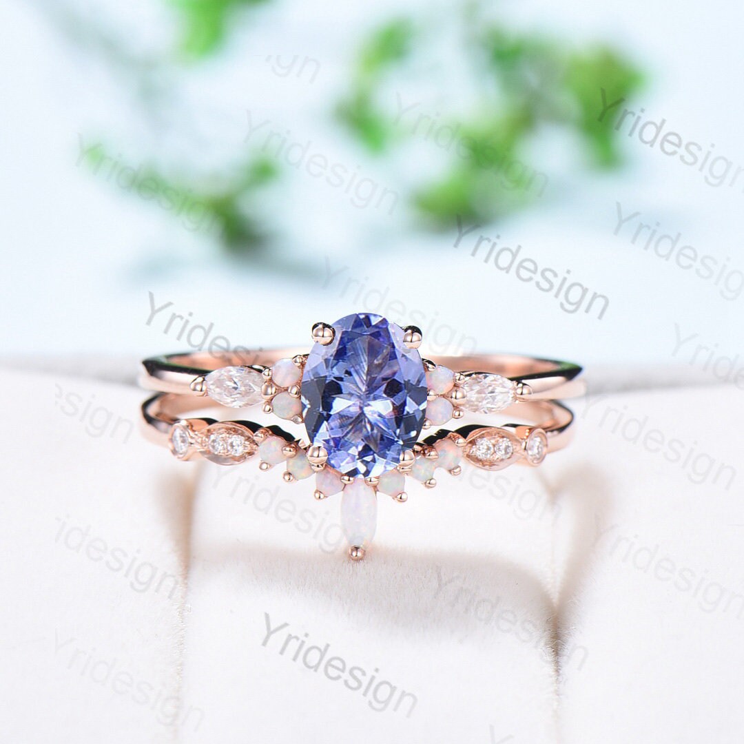 Vintage tanzanite engagement ring set | Unique rose gold wedding set | Art deco opal alexandrite stacking ring | bridal promise ring set
