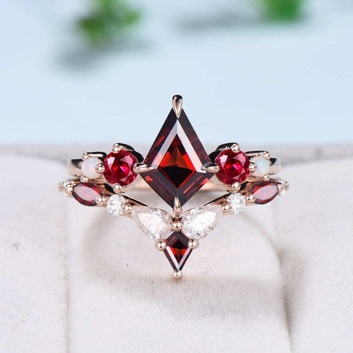 Vintage Kite Ruby Engagement Ring Set 1ct Ruby Bridal Wedding ring Set Art Deco Anniversary Gift Unique July Birthstone Bride Ring For Women