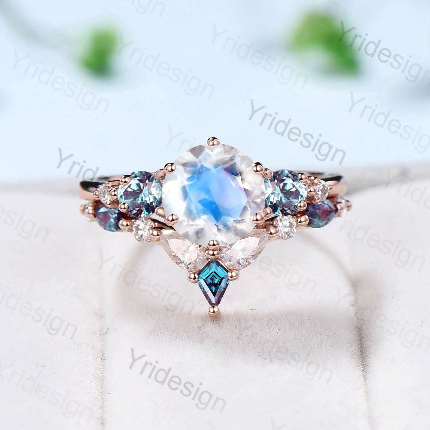 Vintage Rainbow Blue Moonstone Ring Set Unique Engagement Ring Set Five Stone Pear Alexandrite June Birthstone Anniversary Ring For Women