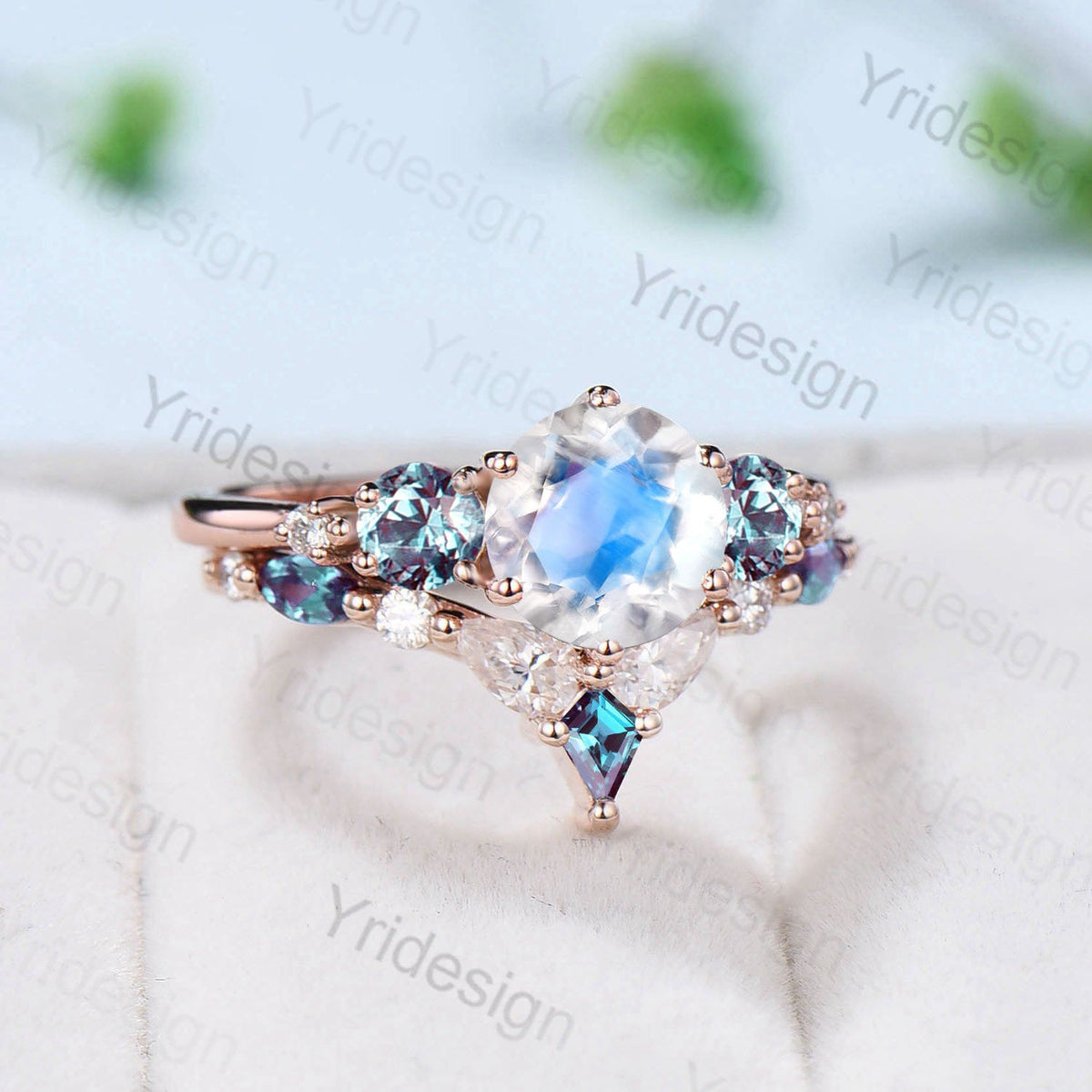 Vintage Rainbow Blue Moonstone Ring Set Unique Engagement Ring Set Five Stone Pear Alexandrite June Birthstone Anniversary Ring For Women