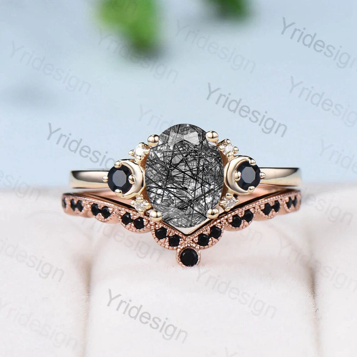 Oval cut black rutilated quartz engagement ring set vintage wedding ring set unique promise ring women art deco black spinel matching band