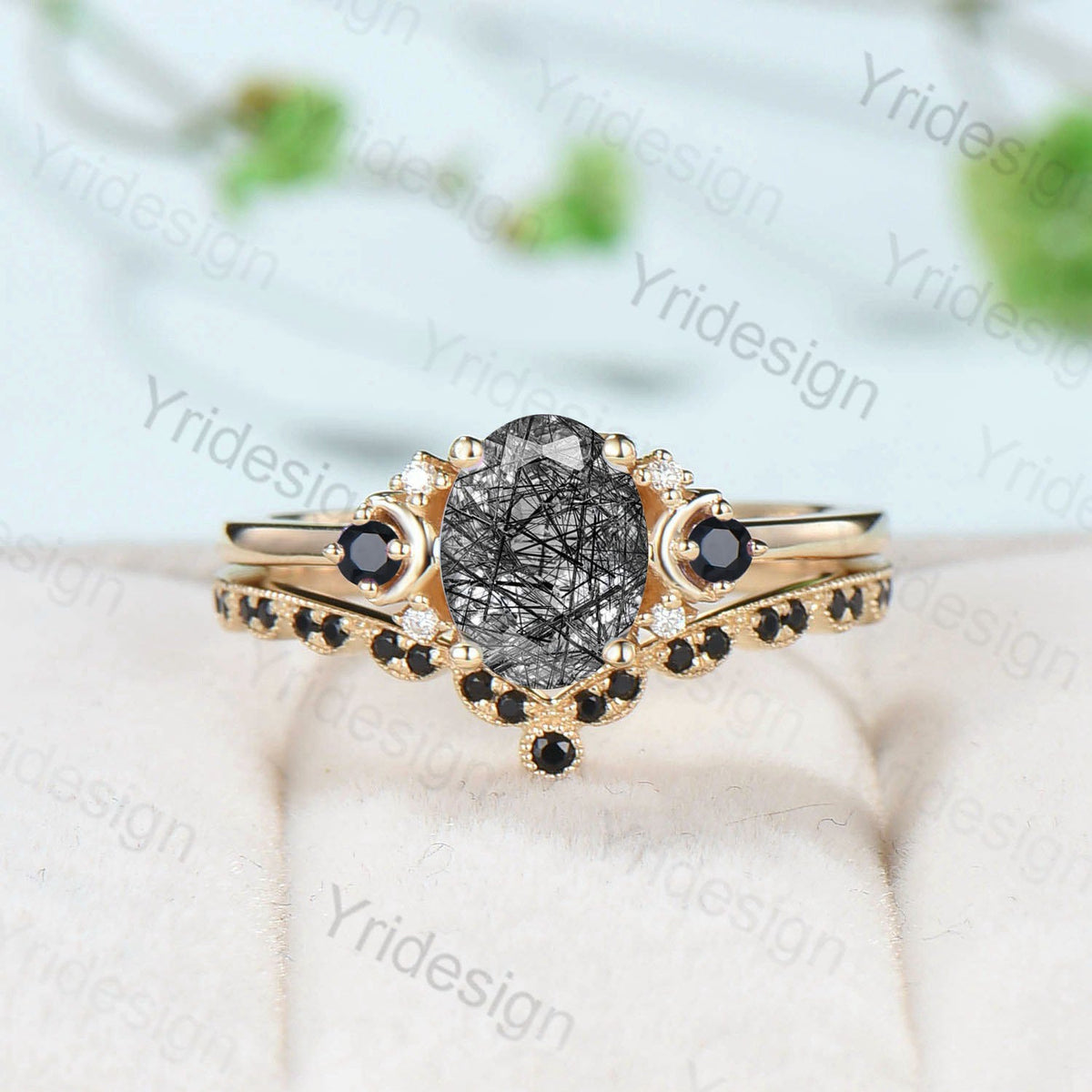 Oval cut black rutilated quartz engagement ring set vintage wedding ring set unique promise ring women art deco black spinel matching band