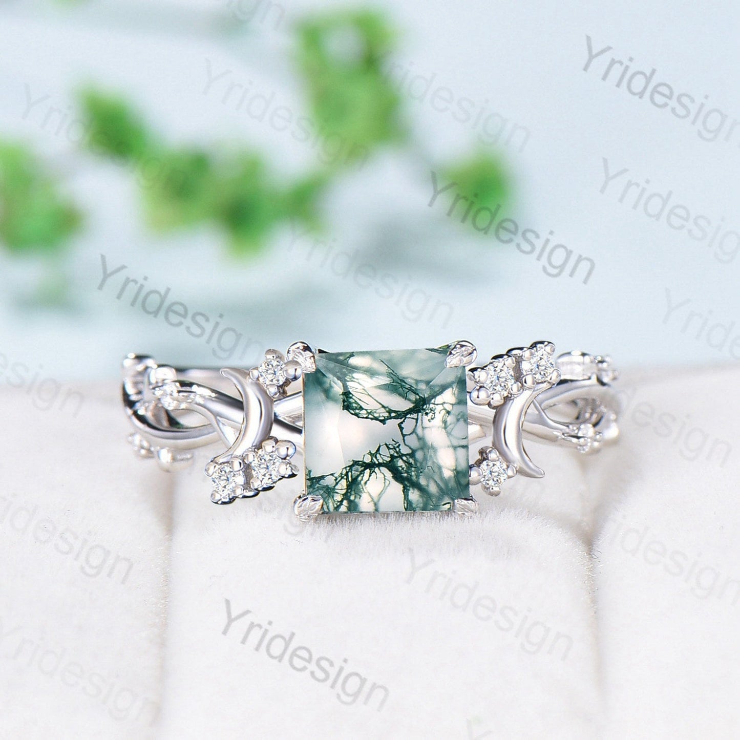 7mm Princess moss agate engagement ring crescent natural green agate celtic bridal ring Unique cluster moissanite anniversary gift for Women
