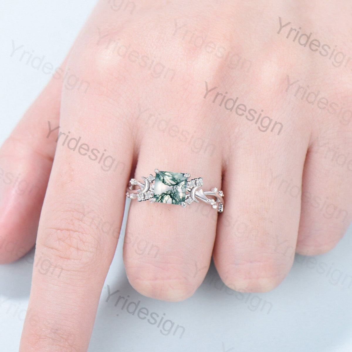 7mm Princess moss agate engagement ring crescent natural green agate celtic bridal ring Unique cluster moissanite anniversary gift for Women