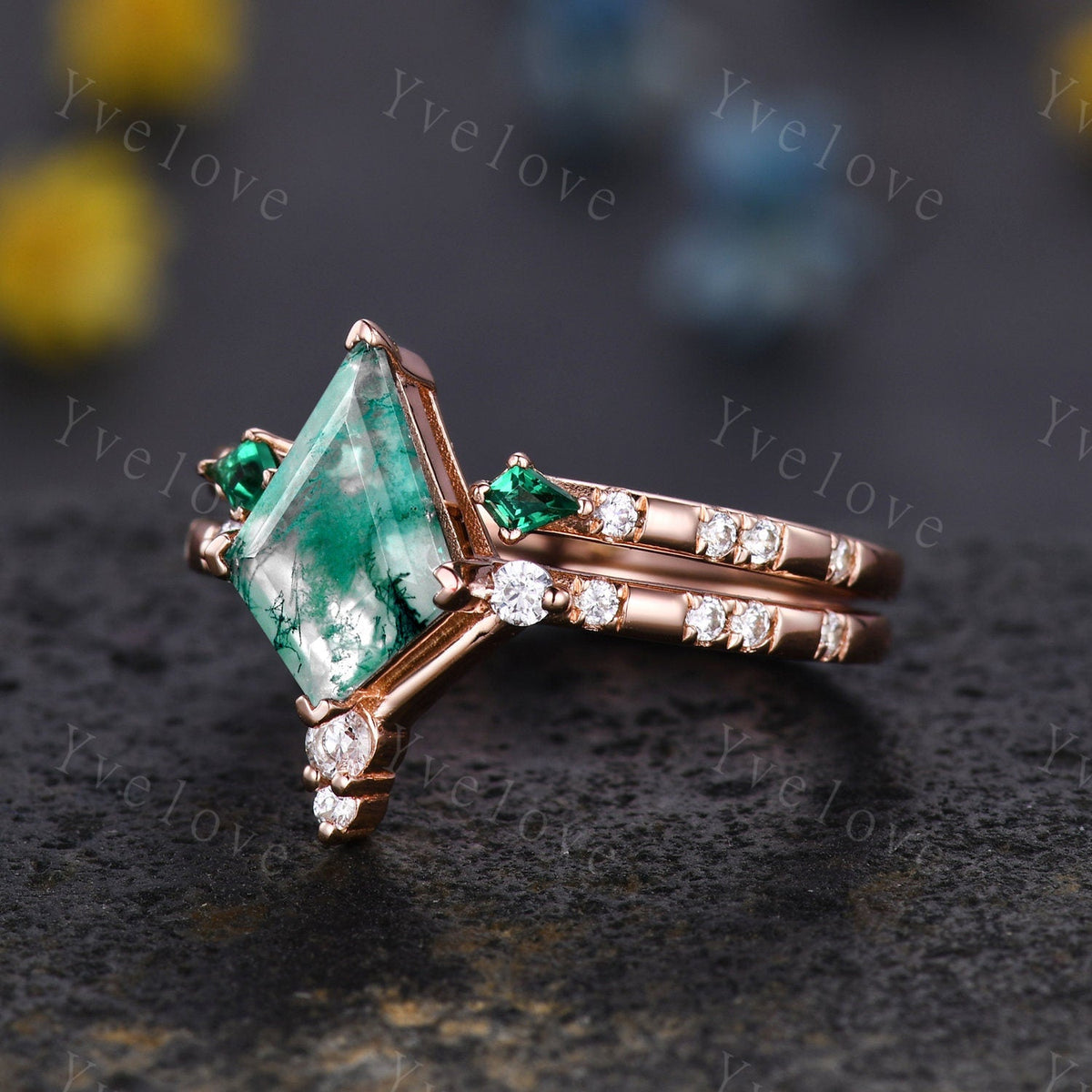 Unique Kite Shaped Moss Agate Engagement Ring,Vintage Natural Agate Ring,Emerald Open wedding Band Bridal set Anniversary Promise Ring