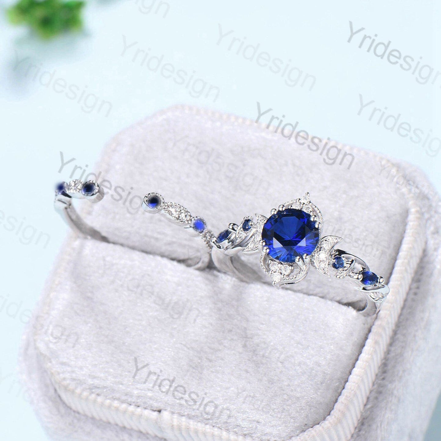 Crescent Moon Blue Sapphire Engagement Ring Set Unique Nature Inspired Wedding Ring Art Deco Open Gap Sapphire Bridal Ring Set for Women