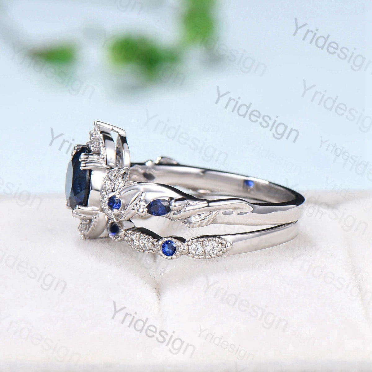 Crescent Moon Blue Sapphire Engagement Ring Set Unique Nature Inspired Wedding Ring Art Deco Open Gap Sapphire Bridal Ring Set for Women