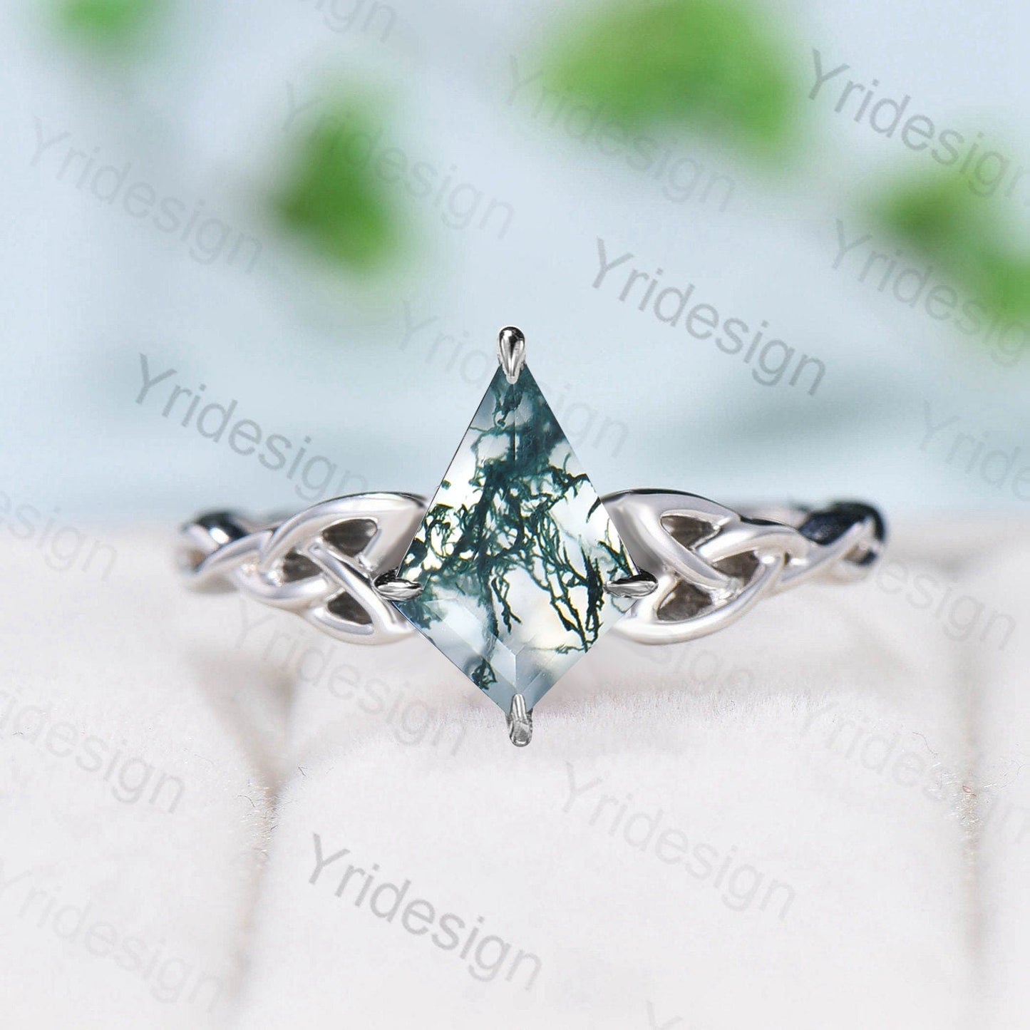 Moss Agate Ring, 925 Sterling Silver Celtic Knot, Pear Cut