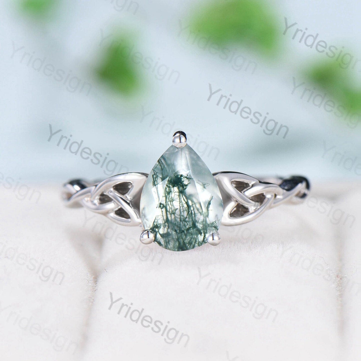 Moss Agate Ring, 925 Sterling Silver Celtic Knot, Pear Cut