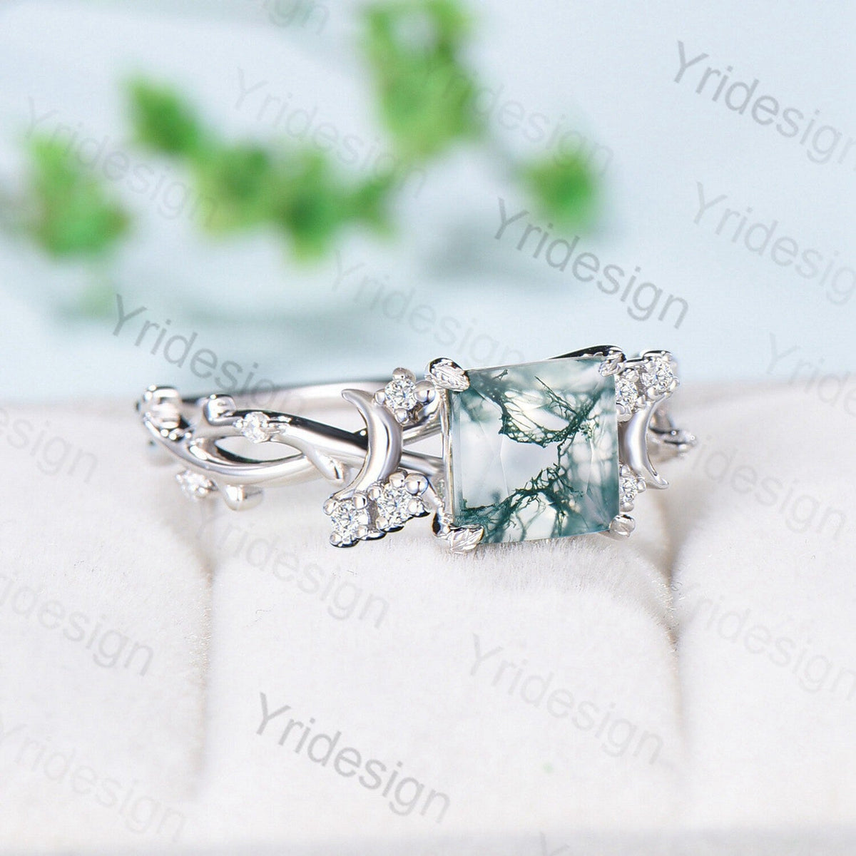 7mm Princess moss agate engagement ring crescent natural green agate celtic bridal ring Unique cluster moissanite anniversary gift for Women