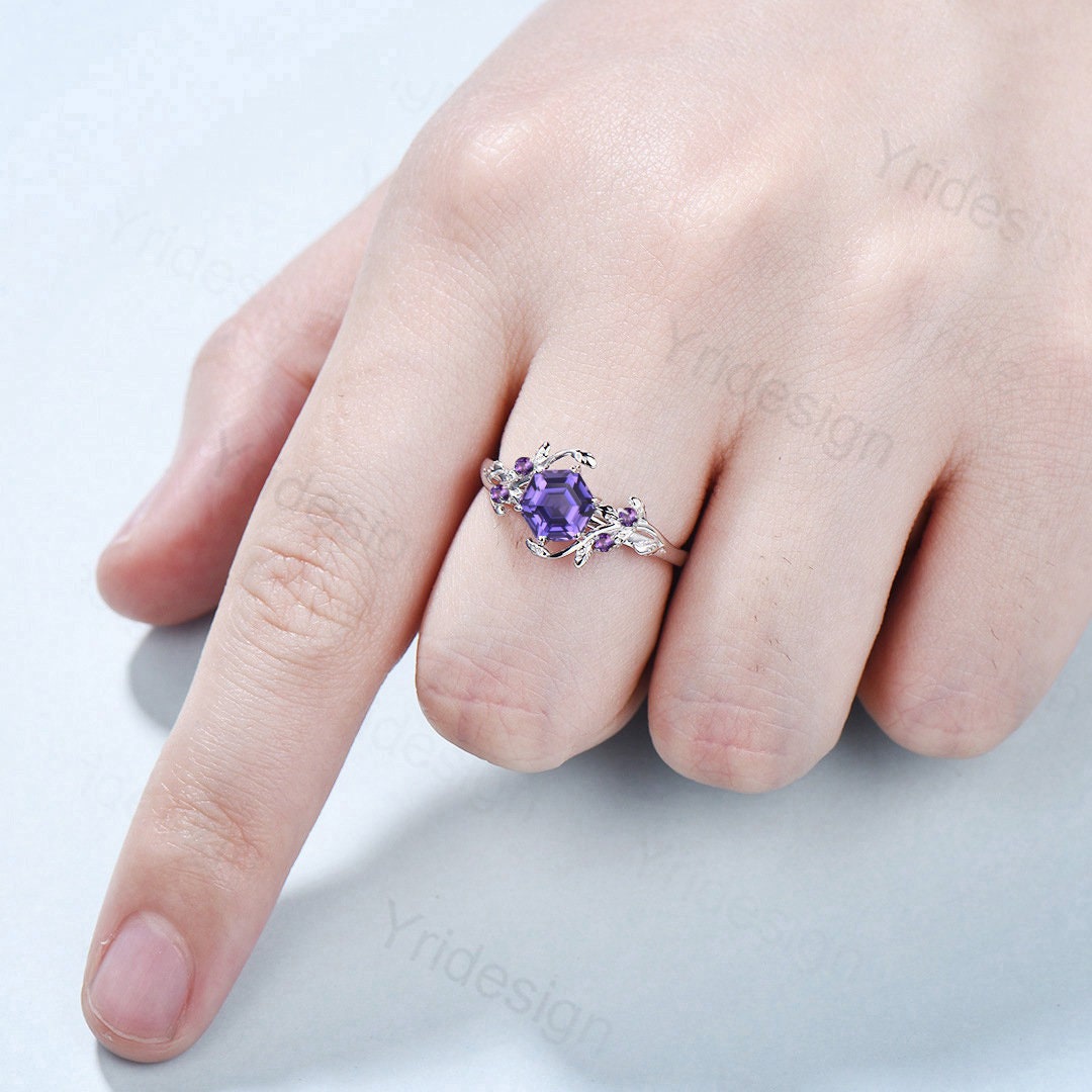 Elegant Purple Sapphire Ring Vintage Unique Twig Engagement Ring Leaf Cluster Amethyst Wedding Women Natural inspired Branch Proposal Gift
