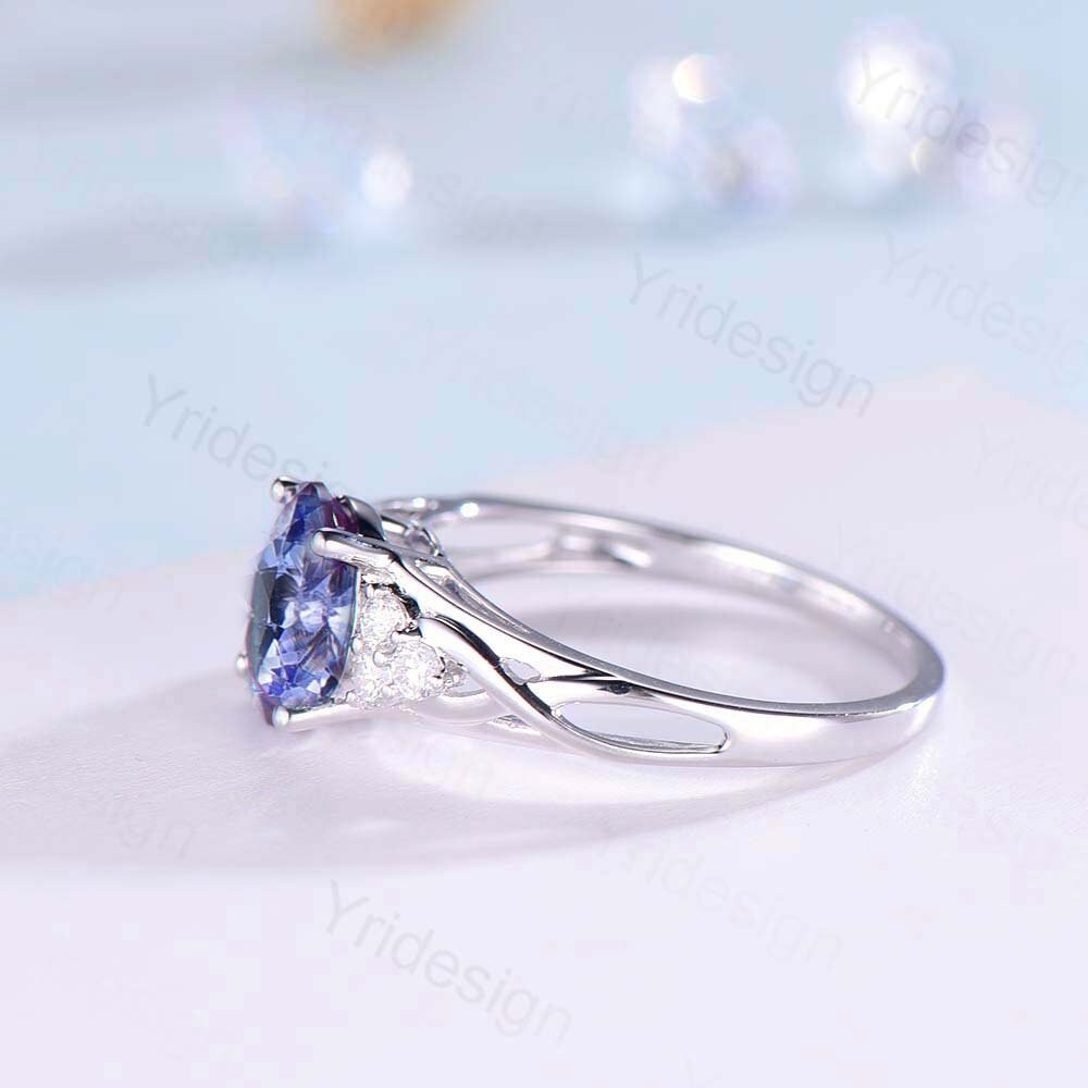 Celtic Love Natural Blue Tanzanite Engagement Ring Solid 14K/18K White Gold Vintage Cluster Diamond Wedding Ring Women Anniversary Gift