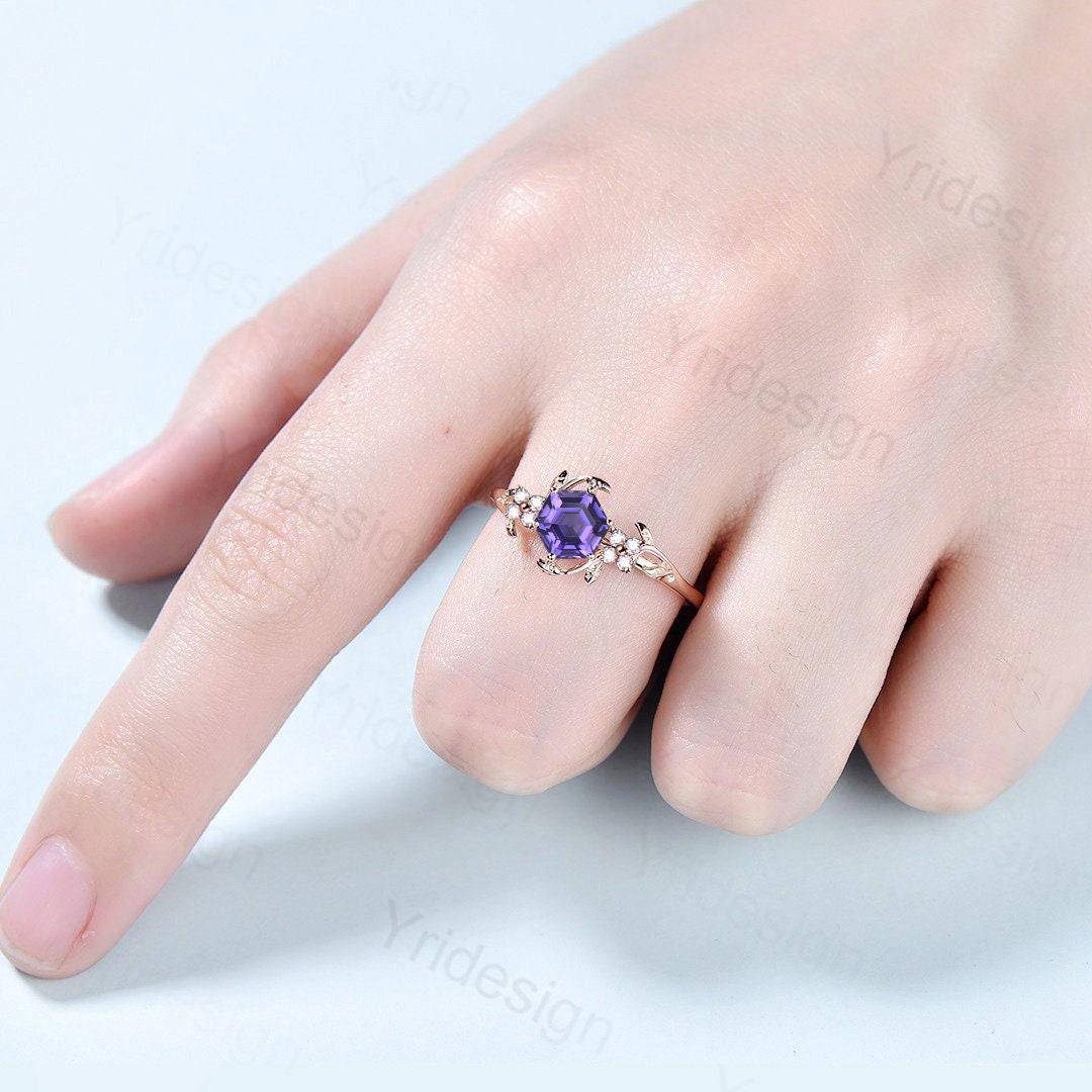 Hexagon Cut Lab Purple Sapphire Ring - Nature Inspired Leaf Vine Band