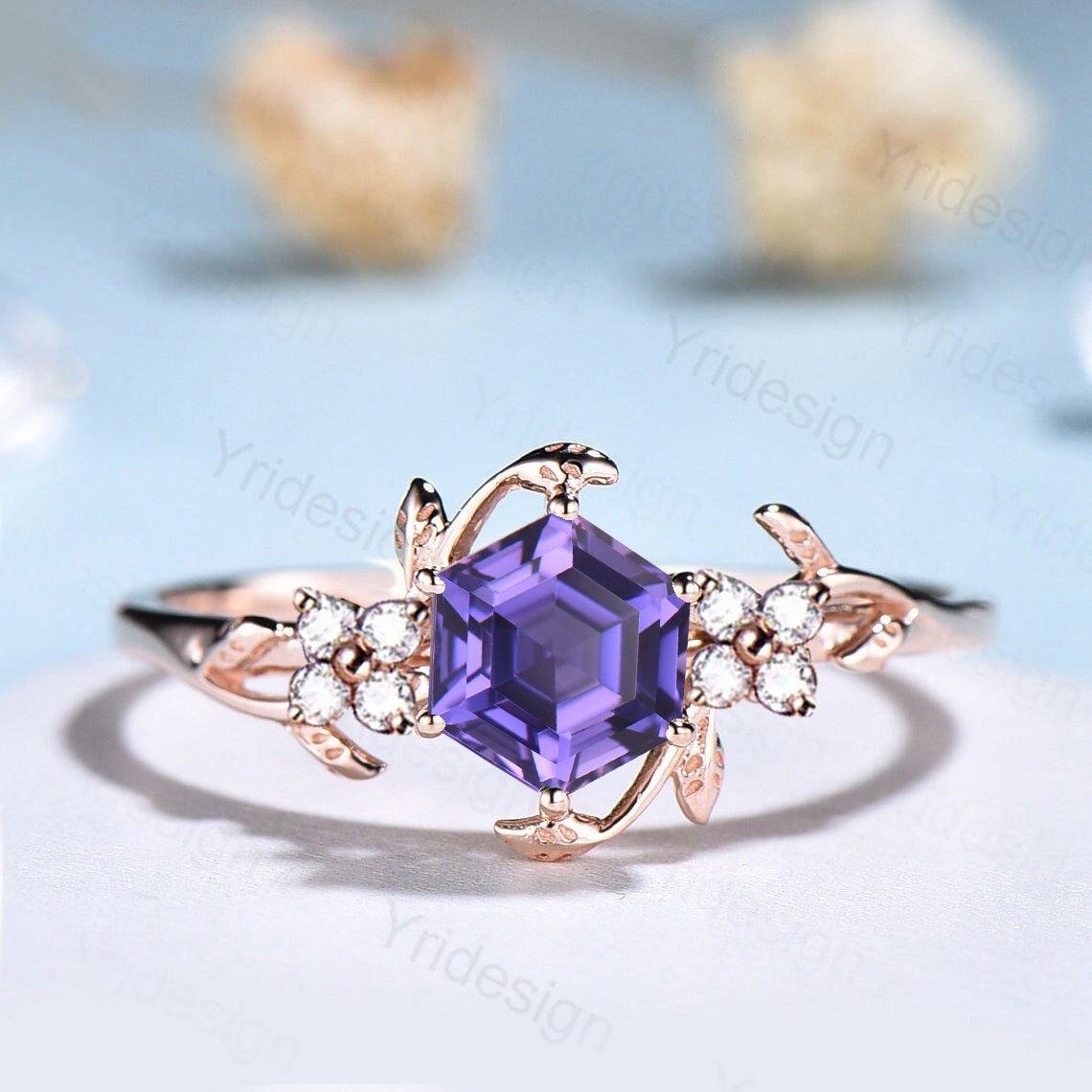Hexagon Cut Lab Purple Sapphire Ring - Nature Inspired Leaf Vine Band