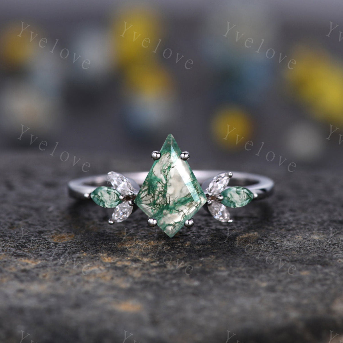 Vintage Kite Shaped Moss agate Engagement Ring Set,Unique Bridal Ring Set,Marquise Green Agate Moissanite White Gold Anniversary Ring Gift