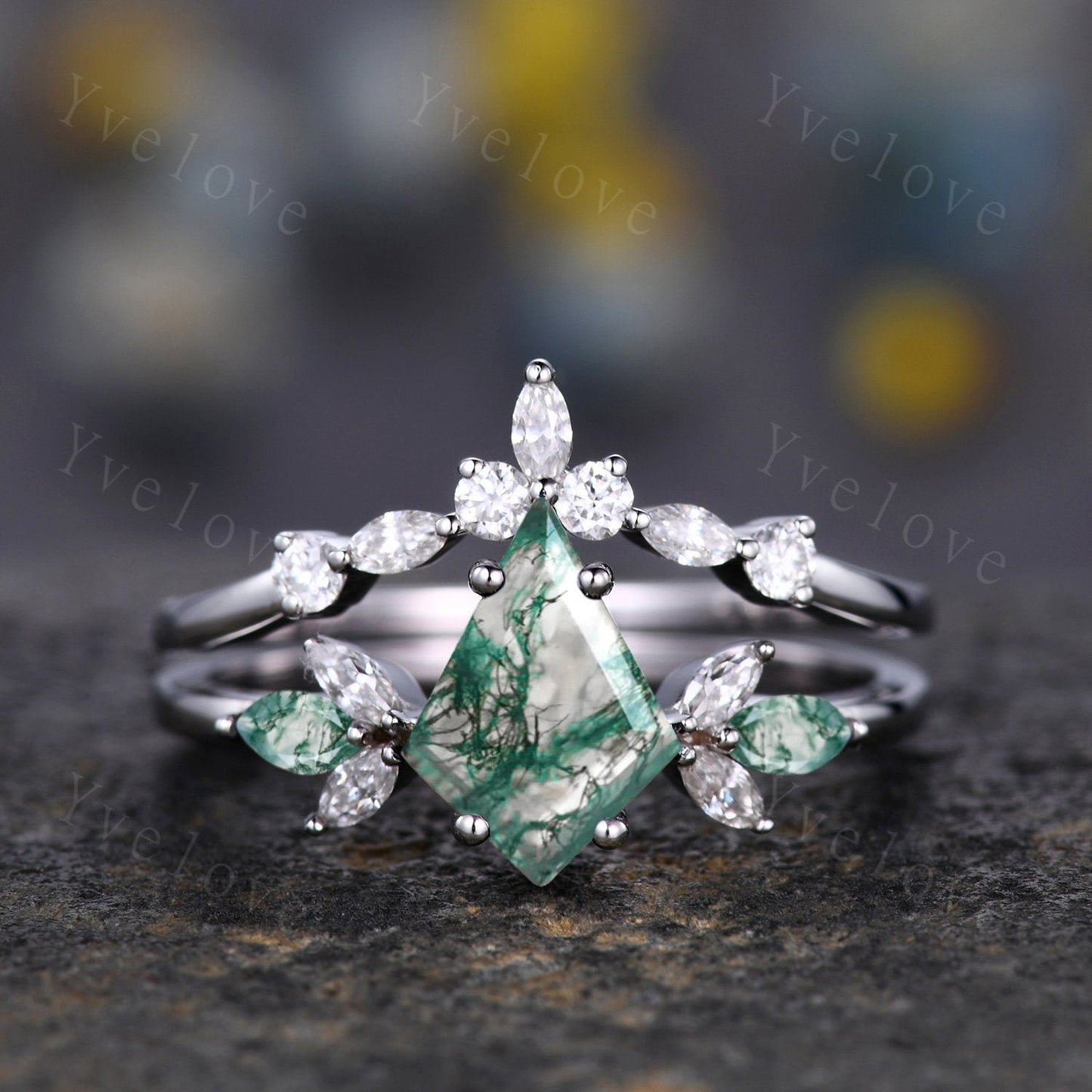 Vintage Kite Shaped Moss agate Engagement Ring Set,Unique Bridal Ring Set,Marquise Green Agate Moissanite White Gold Anniversary Ring Gift