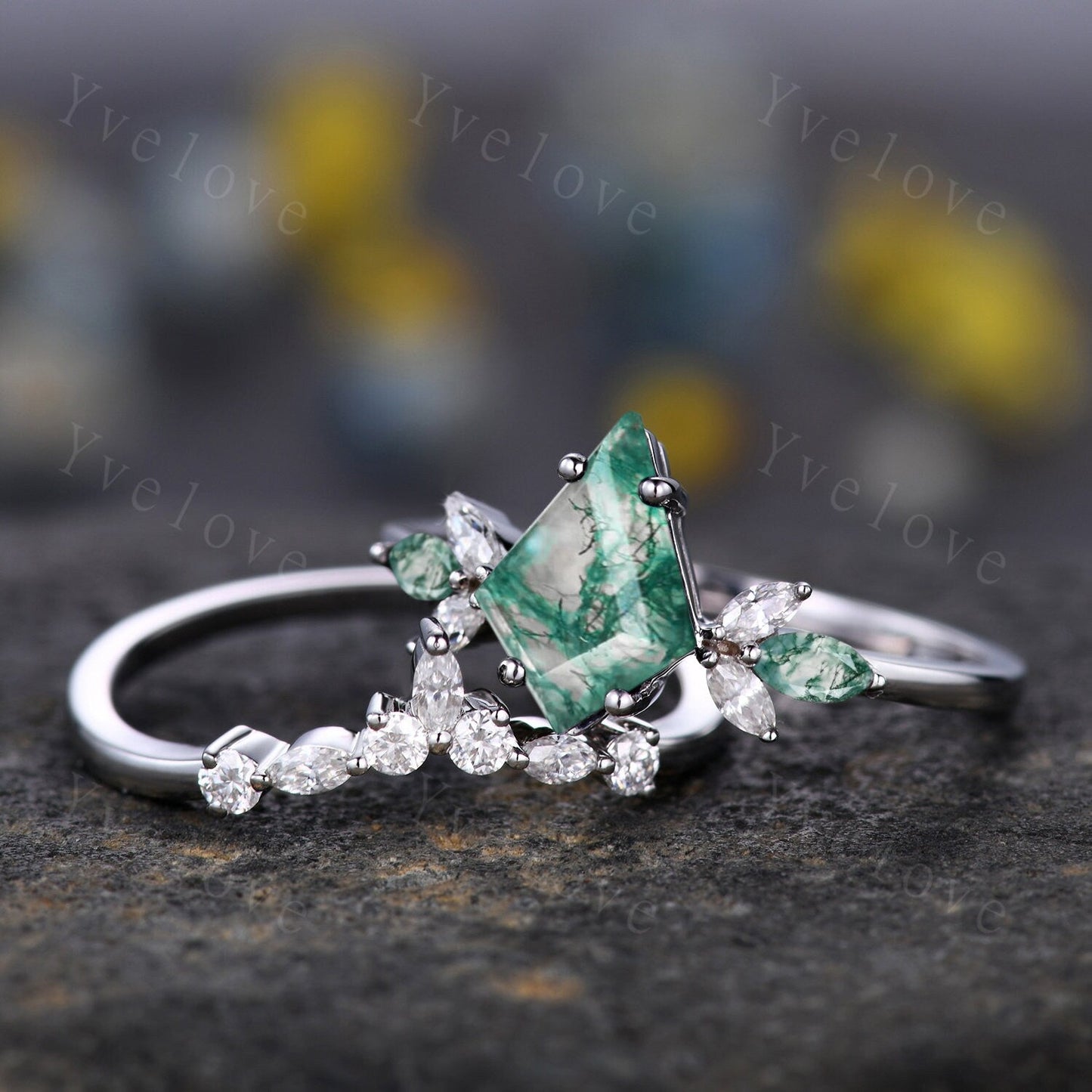 Vintage Kite Shaped Moss agate Engagement Ring Set,Unique Bridal Ring Set,Marquise Green Agate Moissanite White Gold Anniversary Ring Gift