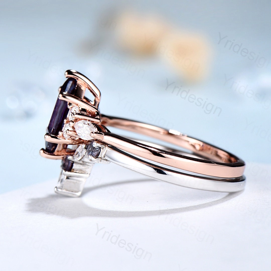 Vintage Hexagon Alexandrite Ring Set, Kite Accent, Rose Gold Anniversary