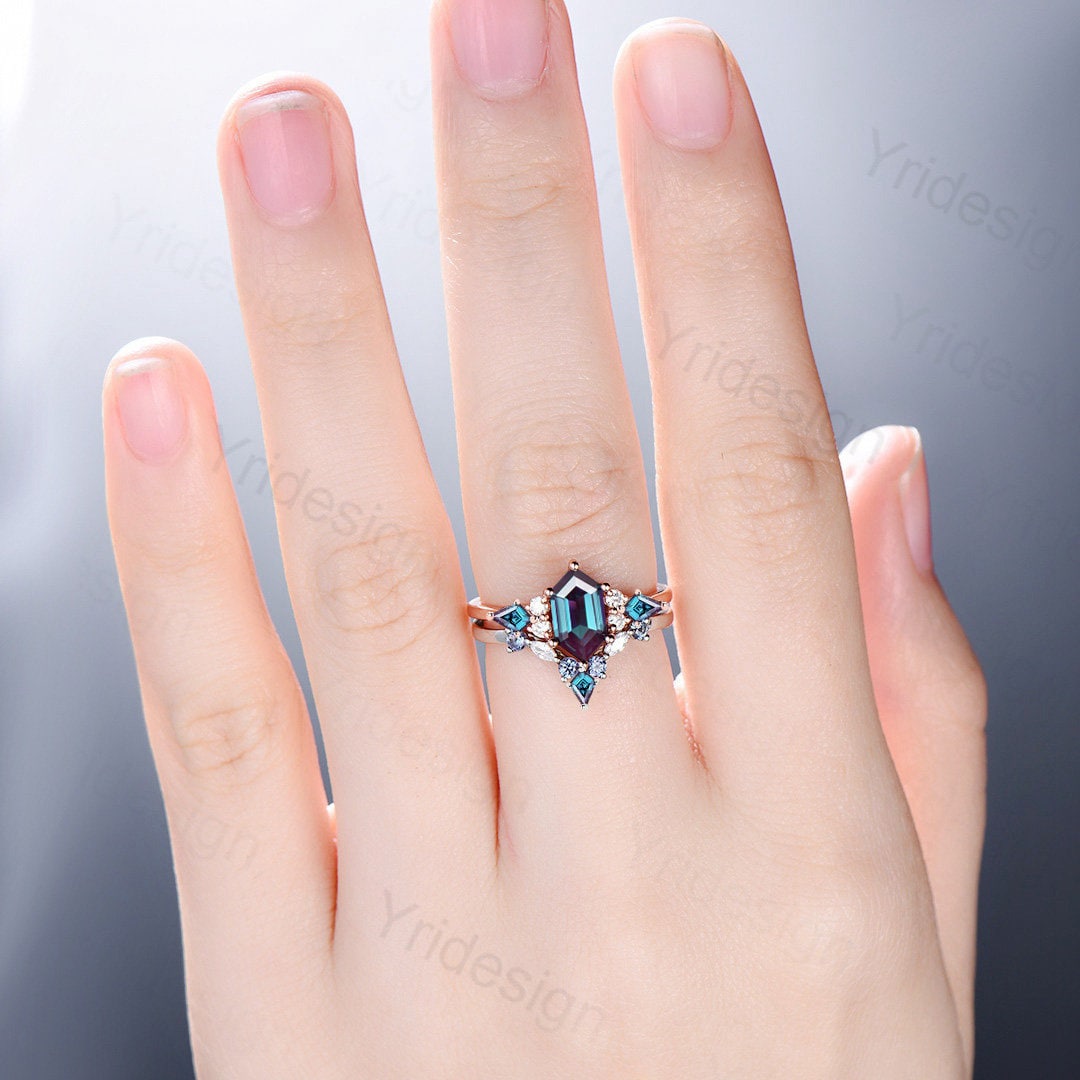 Vintage Hexagon Alexandrite Ring Set, Kite Accent, Rose Gold Anniversary