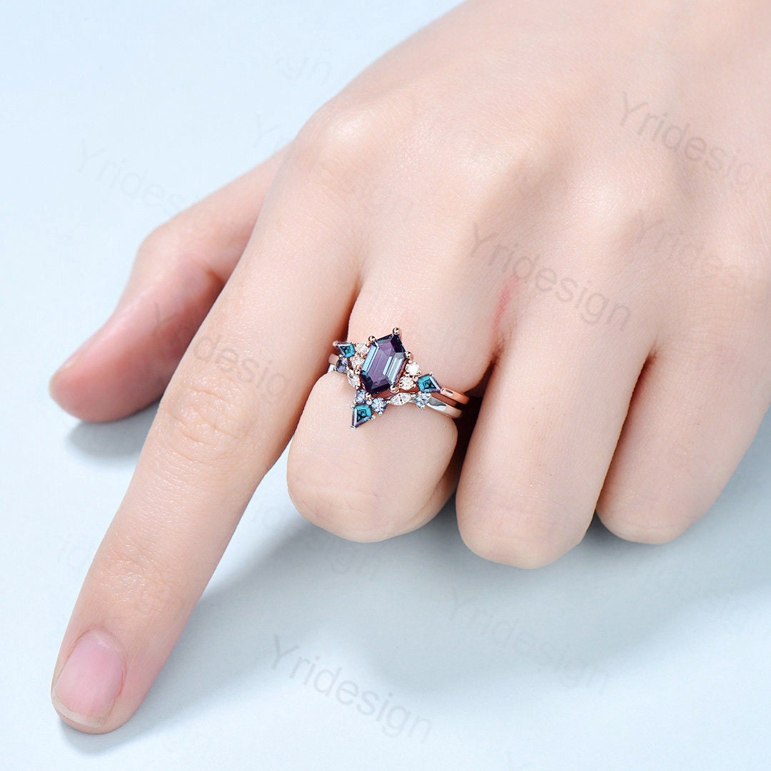 Vintage Hexagon Alexandrite Ring Set, Kite Accent, Rose Gold Anniversary
