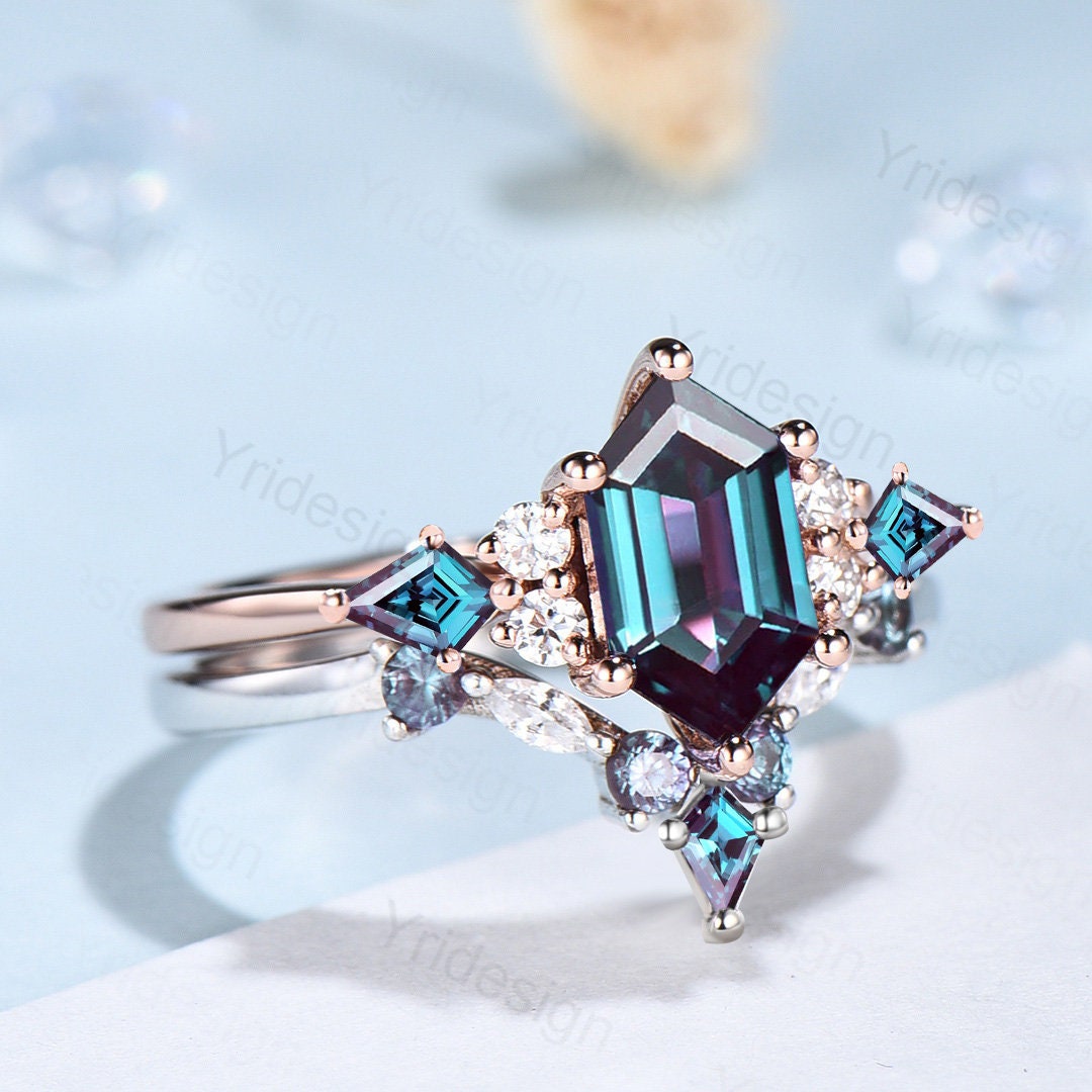 Vintage Hexagon Alexandrite Ring Set, Kite Accent, Rose Gold Anniversary