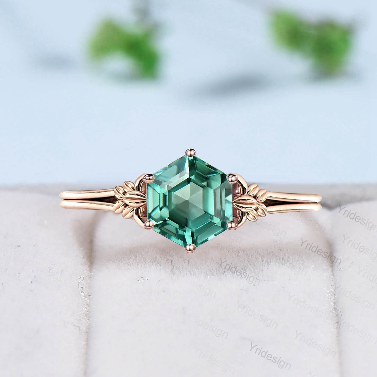 Art Deco Leaf Green Sapphire Ring Set, Emerald Moissanite Wedding