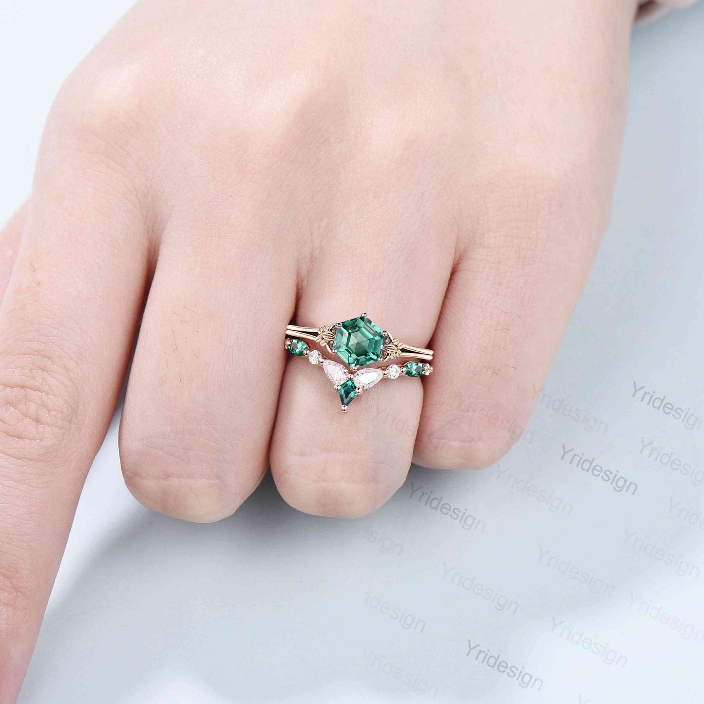 Art Deco Leaf Green Sapphire Ring Set, Emerald Moissanite Wedding