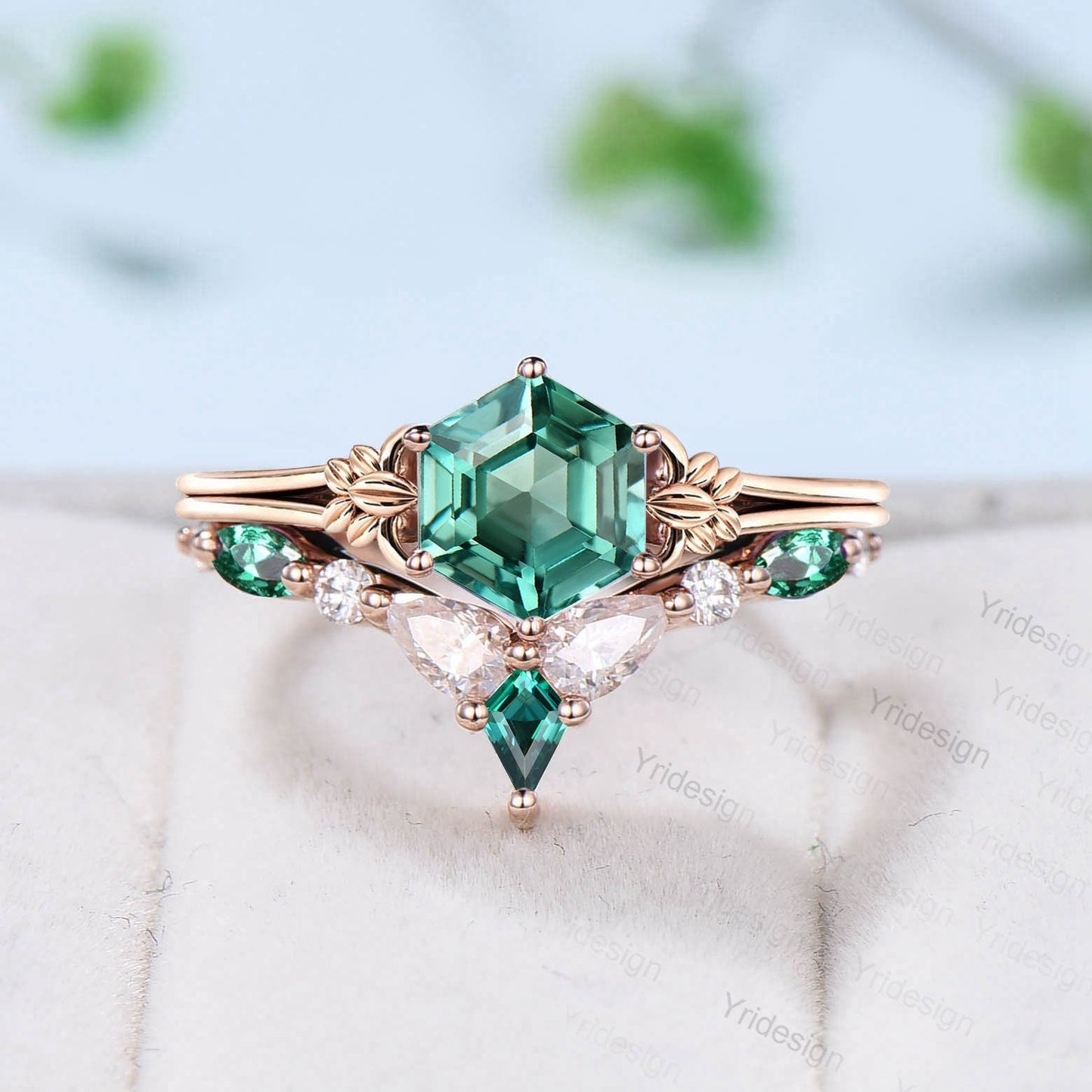 Art Deco Leaf Green Sapphire Ring Set, Emerald Moissanite Wedding