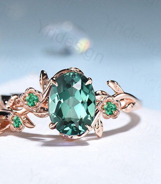 Floral Green Sapphire Ring Set, Vintage Twig Leaf Engagement Ring