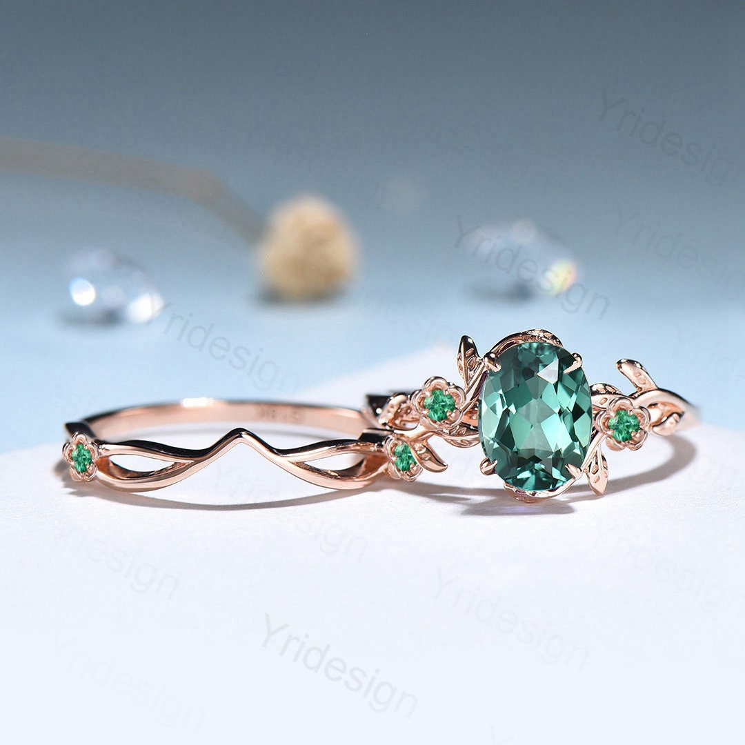 Floral Green Sapphire Ring Set, Vintage Twig Leaf Engagement Ring