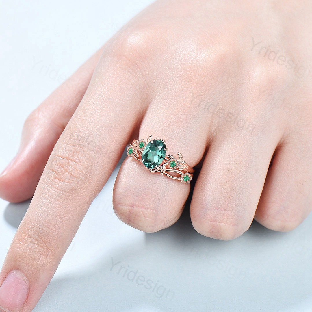 Floral Green Sapphire Ring Set, Vintage Twig Leaf Engagement Ring