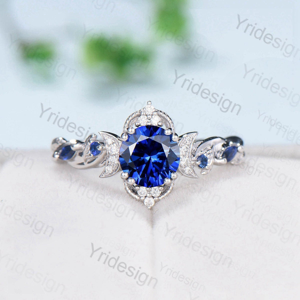 Crescent Moon Blue Sapphire Engagement Ring Set Unique Nature Inspired Wedding Ring Art Deco Open Gap Sapphire Bridal Ring Set for Women