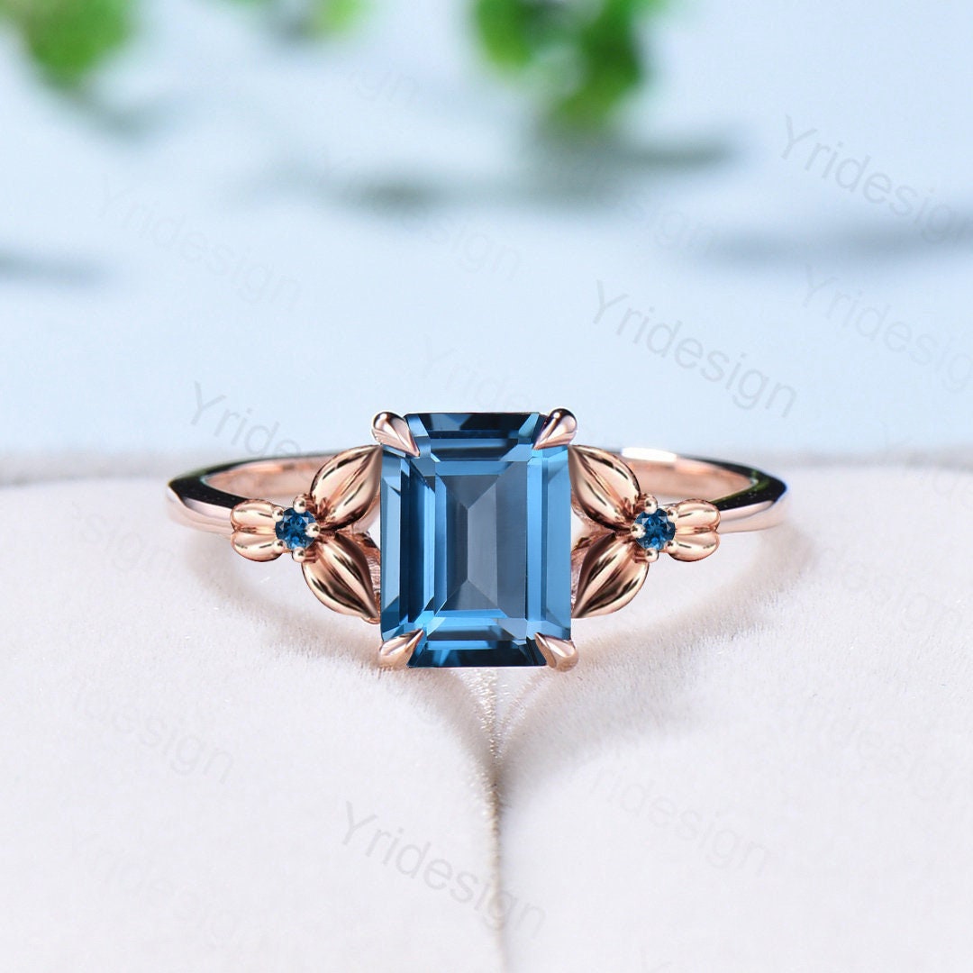 Vintage Emerald Cut London Blue Topaz Ring Unique Nature Inspired Engagement Ring Leaves Flower wedding Band Ring For Women Anniversary Gift