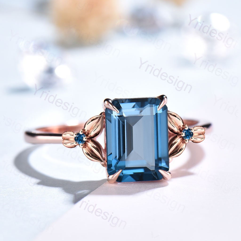 Vintage Emerald Cut London Blue Topaz Ring Unique Nature Inspired Engagement Ring Leaves Flower wedding Band Ring For Women Anniversary Gift