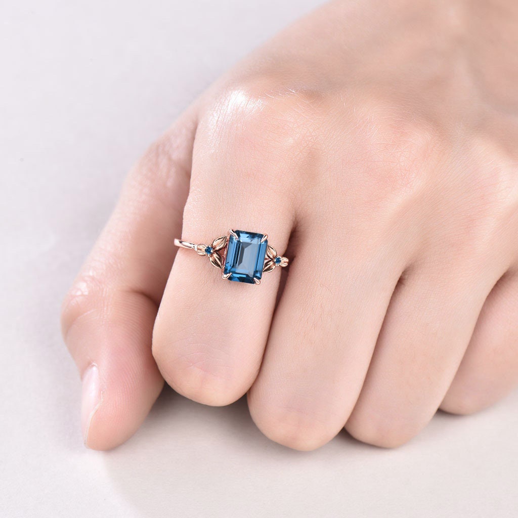 Vintage Emerald Cut London Blue Topaz Ring Unique Nature Inspired Engagement Ring Leaves Flower wedding Band Ring For Women Anniversary Gift