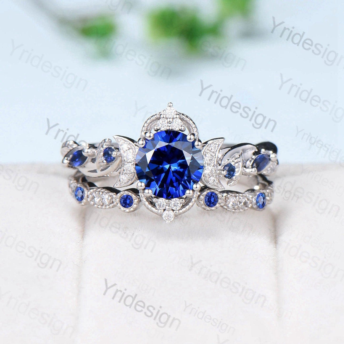 Crescent Moon Blue Sapphire Engagement Ring Set Unique Nature Inspired Wedding Ring Art Deco Open Gap Sapphire Bridal Ring Set for Women