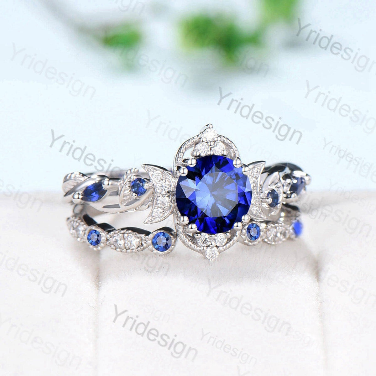 Crescent Moon Blue Sapphire Engagement Ring Set Unique Nature Inspired Wedding Ring Art Deco Open Gap Sapphire Bridal Ring Set for Women