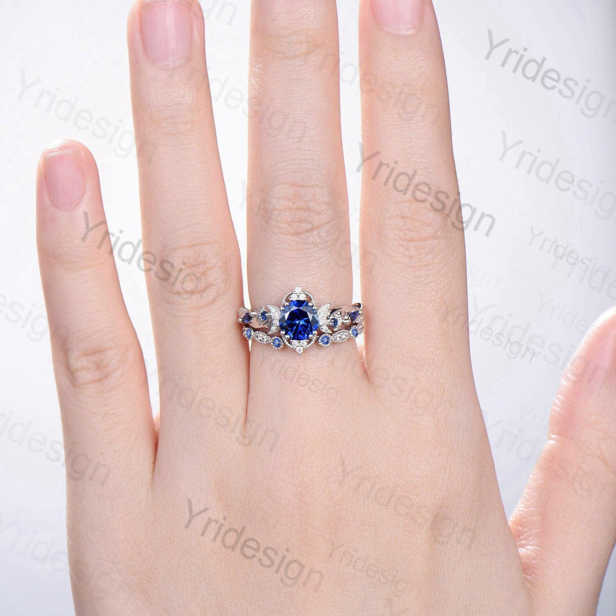 Crescent Moon Blue Sapphire Engagement Ring Set Unique Nature Inspired Wedding Ring Art Deco Open Gap Sapphire Bridal Ring Set for Women