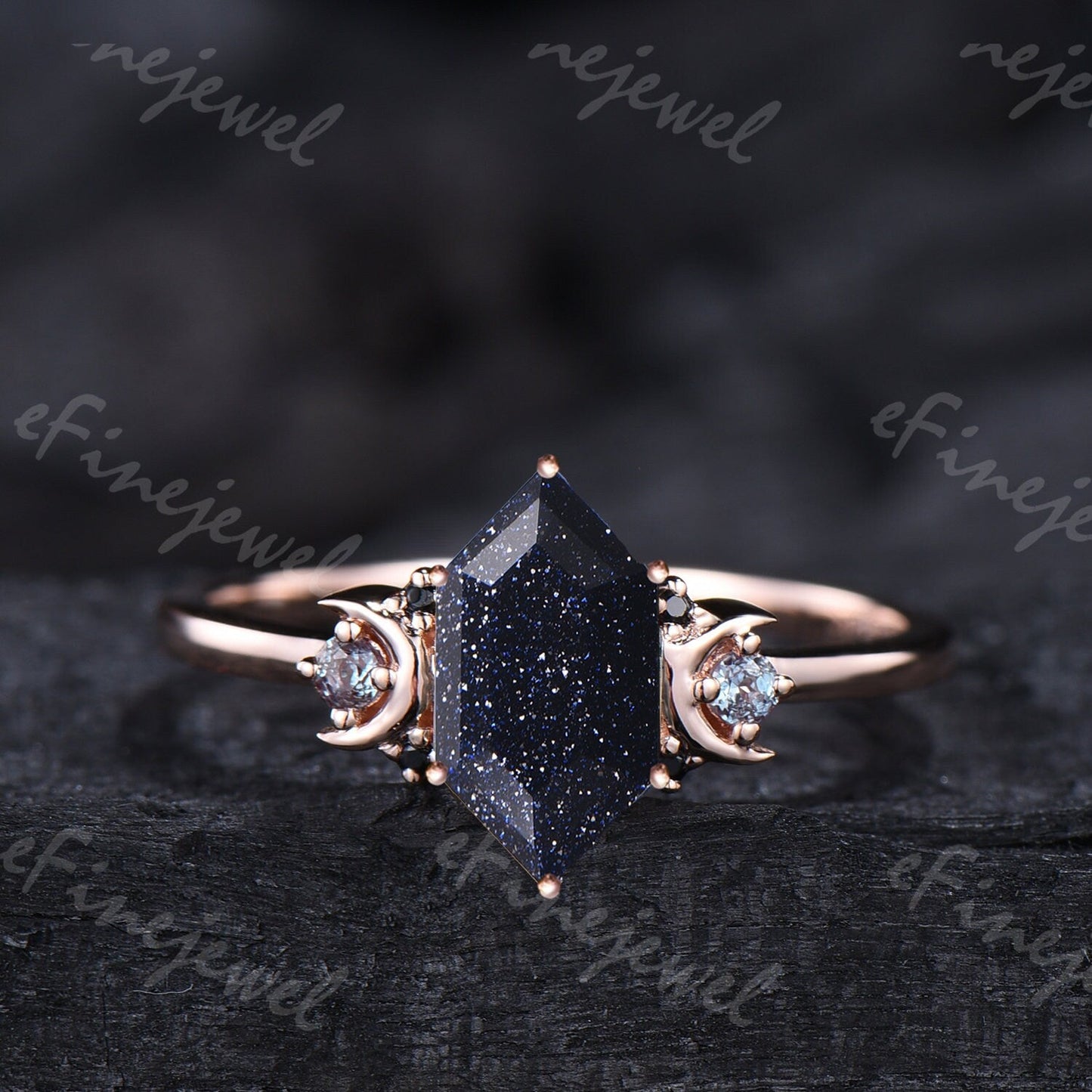 Hexagon Blue Sandstone Ring, Crescent Moon Goldstone, Black Spinel