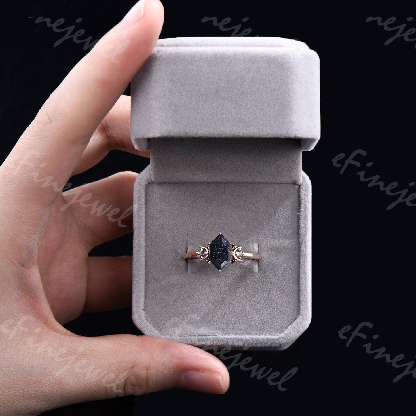 Hexagon Blue Sandstone Ring, Crescent Moon Goldstone, Black Spinel