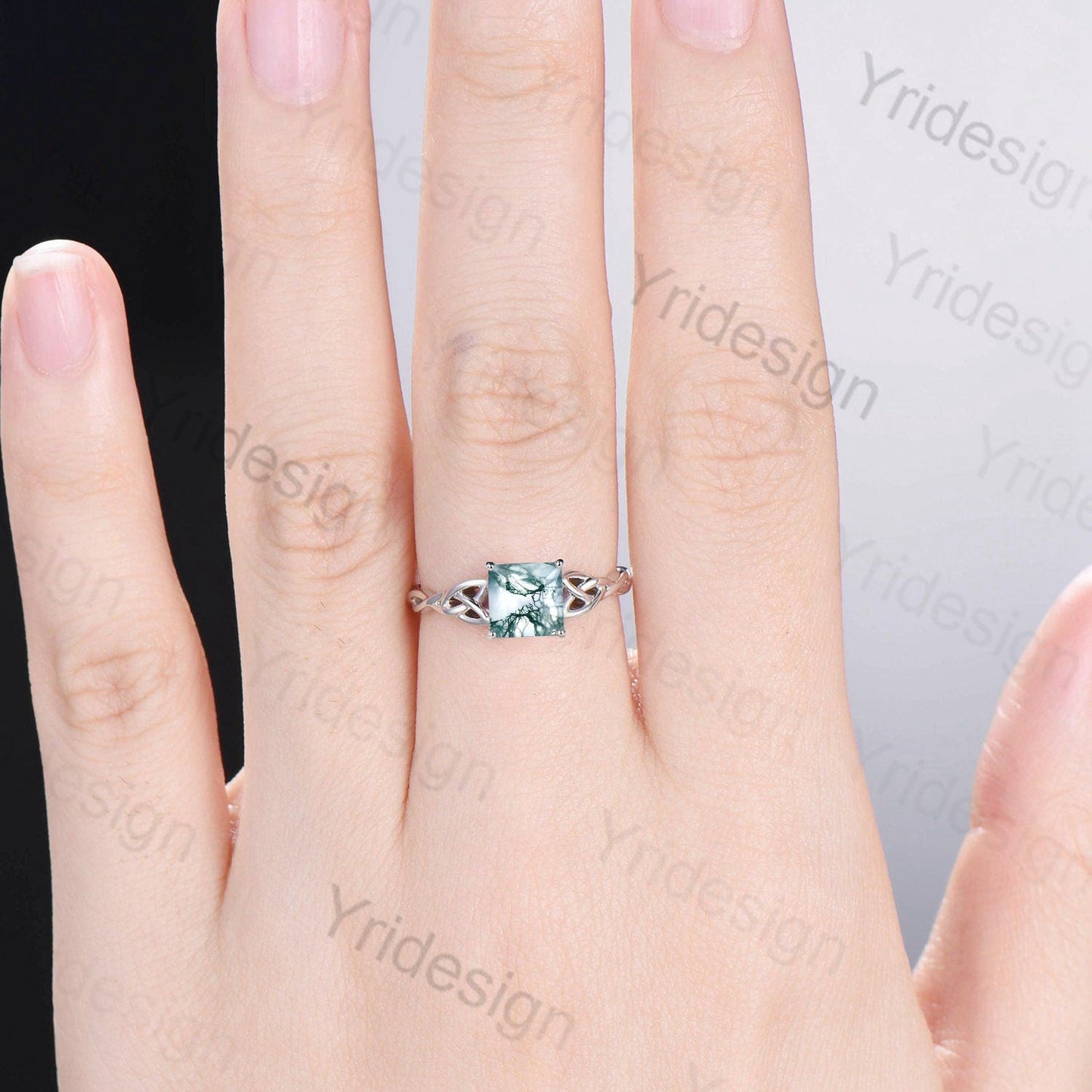 Moss Agate Ring, 925 Sterling Silver Celtic Knot, Pear Cut