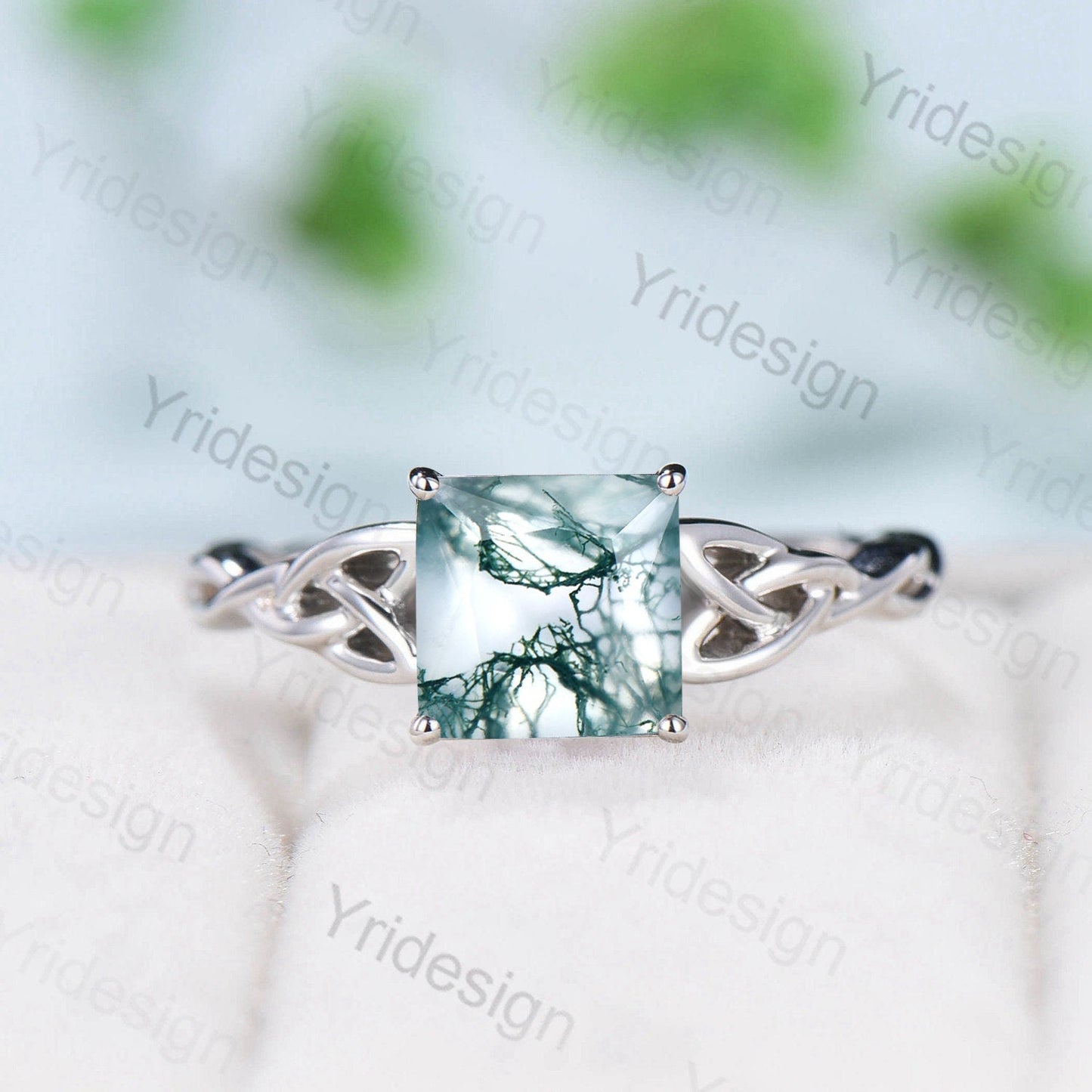 Moss Agate Ring, 925 Sterling Silver Celtic Knot, Pear Cut